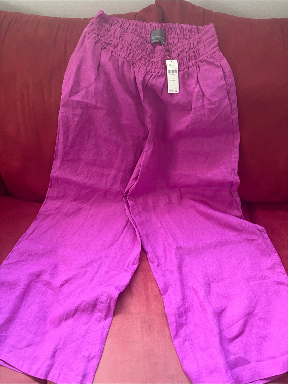 Women’s Bright Magenta Elastic-Waist Linen Blend Pants Anthropologie